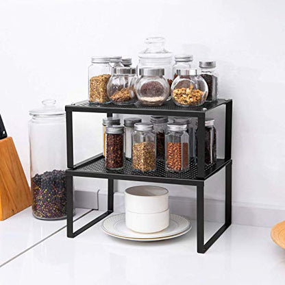 NEX Cabinet Organizer Shelf Set of 2, Kitchen Counter Stackable Shelves, Expandable Spice Rack Pantry Organizers Bathroom Storage Riser, Metal, Black - color: Black