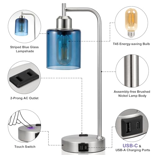 Innqoo Industrial Blue Table Lamps for Bedrooms Set of 2-3-Way Dimmable Desk Lamp with USB C+A Ports and Outlet, Nickel Lamps with Green Glass Shade for Living Room - color: Blue Shade& Nickel Base