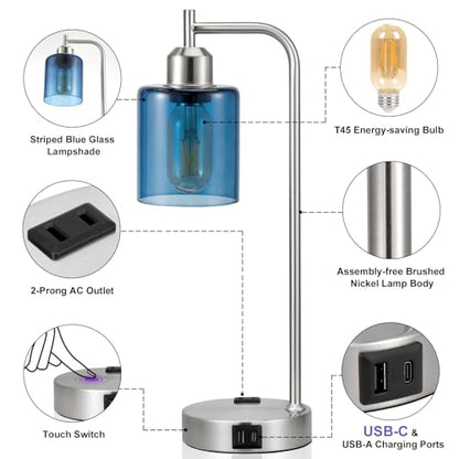 Innqoo Industrial Blue Table Lamps for Bedrooms Set of 2-3-Way Dimmable Desk Lamp with USB C+A Ports and Outlet, Nickel Lamps with Green Glass Shade for Living Room - color: Blue Shade& Nickel Base