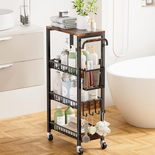 DTUQYX Slim Bathroom Storage Cart, 4 Tier Small Rolling Organizer Cabinet with Wood Top Handle, Mobile Shelving Unit Slide Out for Office, Kitchen, Laundry Room & Narrow Places (9.1" W Wood Basket) - color: Matte Black, size: 7.88"W Wooden Wire Basket