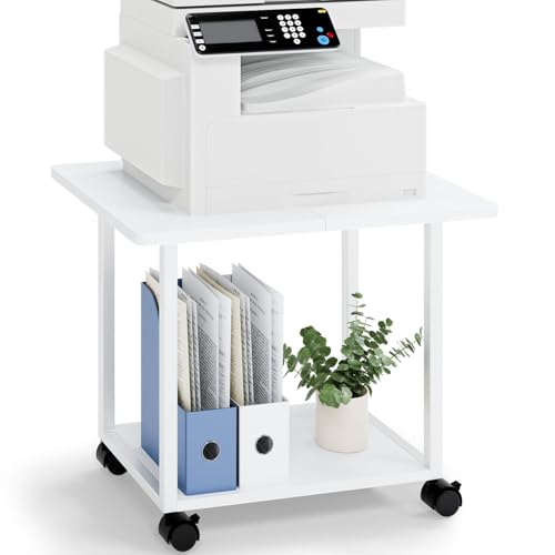 MARTY 22"x15.75" Large Printer Stand Under Desk, Rolling Cart Printer Table | 2 Tier Rolling Printer Cart with Wheels, Storage Shelf, Fit Printer/Fax/3d/Scanner, For Home Office Dorms, Heavy Duty, White - color: White