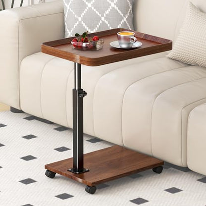 C Shaped Side Table with Wheels, Adjustable Height C Shaped End Table for Couch, 360°Swivel Side Tables that Slide Under, Rolling Small Coffee C Table End Table for Sofa/Bed/Bathtub (Brown)