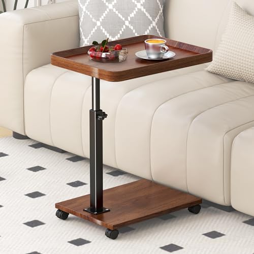 C Shaped Side Table with Wheels, Adjustable Height C Shaped End Table for Couch, 360°Swivel Side Tables that Slide Under, Rolling Small Coffee C Table End Table for Sofa/Bed/Bathtub (Brown)
