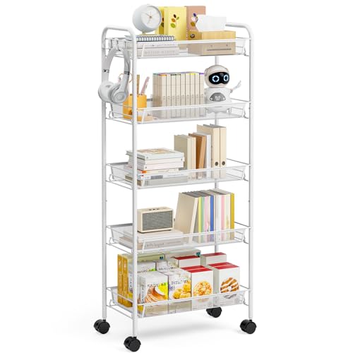 TOOLF 5-Tier Rolling Cart, Metal Utility Cart with 3 Hooks, Easy Assemble Mobile Storage Trolley On Wheels, Metal Shelving Units Kitchen Bathroom Laundry Room - color: White, size: 5-Tier