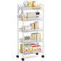 TOOLF 5-Tier Rolling Cart, Metal Utility Cart with 3 Hooks, Easy Assemble Mobile Storage Trolley On Wheels, Metal Shelving Units Kitchen Bathroom Laundry Room - color: White, size: 5-Tier