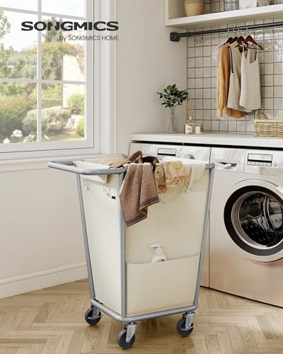 SONGMICS Laundry Basket with Wheels, 34.3 Gallons (130 L) Rolling Laundry Hamper with Removable Bag, Heavy-Duty Steel Frame, Cream White URLS008W01 - color: Cream White, size: 130 L (1-Section)