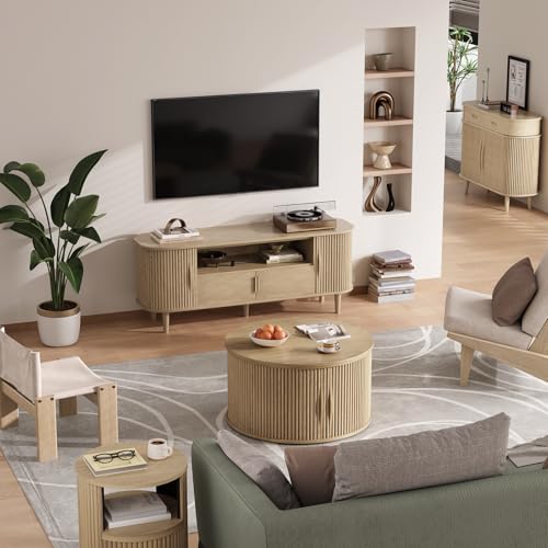 JOINICE Round Lift Top Coffee Table with Storage for Living Room,Oak | 31.5" Drum Design,Hidden Storage&Open Shelf,Boho Fluted Center Table for Small Apartments,Easy Assembly,Up to 150 lbs