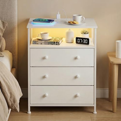 3-Drawer LED Nightstand Set 2 with Charging Station, White | Engineered Wood and Steel, 2 AC and 2 USB ports, 24 Inch Wide, RGB App Control, Fabric Drawers, Open Storage Shelf - color: White, 2 Pack
