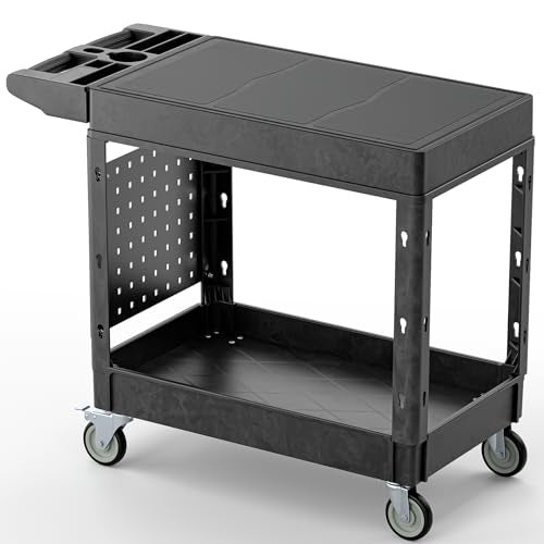 Heavy Duty Utility Service Tool Cart, 39 x 17 in, 2 Shelf Flat Top Rolling Cart with Hanging Board, 550LBS, Swivel Wheels, Ergonomic Handle for Garage, Warehouse, Office, Workshop, Auto Repair