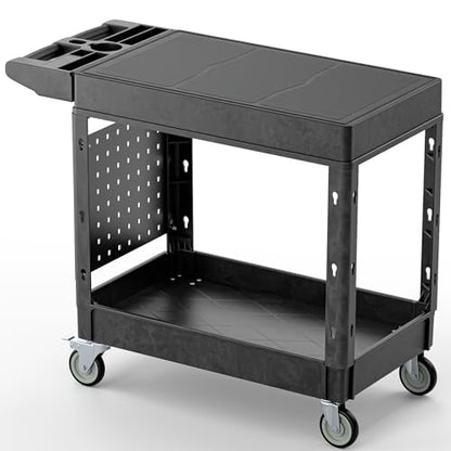 Heavy Duty Utility Service Tool Cart, 39 x 17 in, 2 Shelf Flat Top Rolling Cart with Hanging Board, 550LBS, Swivel Wheels, Ergonomic Handle for Garage, Warehouse, Office, Workshop, Auto Repair