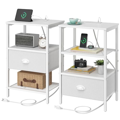 sthmec Nightstands Set of 2, Night Stands with Charging Station and Fabric Drawer PU Finish, Bedside Tables with Drawers, 2-Tier Side Table with Open Shelf, Nightstands with Charging Station,White - color: White, style: Power