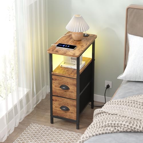 sthmec Narrow End Table with Charging Station, Narrow Side Table with 2 Fabric Drawers, LED End Table, Slim Nightstand with LED Light, Small Side Table for Small Space,Living Room,Bedroom,Rustic Brown - color: Rustic Brown, size: 7.87'' W x 15.75'' D x 24