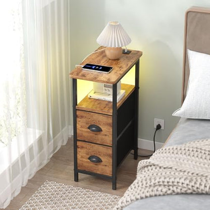 sthmec Narrow End Table with Charging Station, Narrow Side Table with 2 Fabric Drawers, LED End Table, Slim Nightstand with LED Light, Small Side Table for Small Space,Living Room,Bedroom,Rustic Brown - color: Rustic Brown, size: 7.87'' W x 15.75'' D x 24