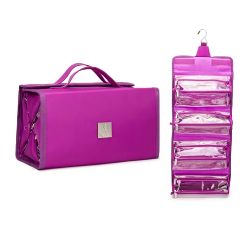 Roll Up Makeup Bag, Travel Toiletry Bag for Women with 4 Clear TSA Approved Pouches, Hanging Travel Organizer, Folding Cosmetic Bag for Men and Women - color: Purple