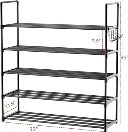 Metal Shoe Organizer,5 Tiers Shoe Storage Shoe Rack with Hooks,Fit 20-25 Pairs,Adjustable Shoe Shelf for Entryway,Hallway,Bedroom,Metal Bottom Support - size: 5 Tier