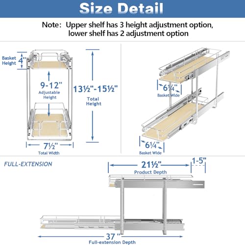 ROOMTEC 2 Tier Individual Pull Out Cabinet Organizer 7½"W x 21½"D, Slide Out Wood Shelves Organizers, Pull Out Drawers Organization and Storage for Kitchen Cabinet - size: 7½" W x 21½" D