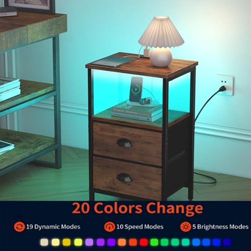 Sthmec Rustic Brown Industrial Nightstand Set of 2, Bedside Table with 2 Fabric Drawers, 3-Tier Storage, LED Light, Charging Station, 11.38''D * 15.38''W* 24.75''H - color: Rustic Brown
