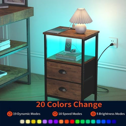 Sthmec Rustic Brown Industrial Nightstand Set of 2, Bedside Table with 2 Fabric Drawers, 3-Tier Storage, LED Light, Charging Station, 11.38''D * 15.38''W* 24.75''H - color: Rustic Brown