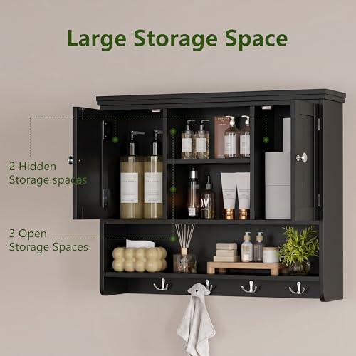 Bathroom Wall Cabinet with Doors and Hooks, 3-Tier Wall Mounted Cabinet | Modern Medicine Cabinet with 3 Open Shelves, Over the Toilet Storage Cabinet for Kitchen, Laundry Room, Living Room, Black - color: Black