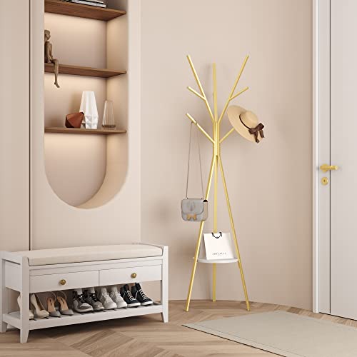 HOME BI Coat Rack Hat Stand Free Standing Display Hall Tree Metal Hat Hanger Garment Storage Holder with 9 Hooks for Clothes Hats and Scarves in Gold,17.72" Wx17.72 Dx70.87 - color: Gold
