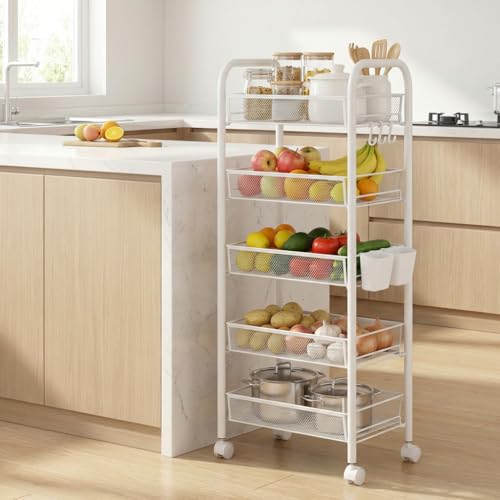 5 Tier Slim Fruit Basket, Stackable Vegetable Storage Cart for Kitchen, Metal Wire Fruit Basket Organizer On Wheels, Rolling Produce Pantry Snack Rack for Fruits, Potato, Onion, Snacks - color: White, size: 5-Layers