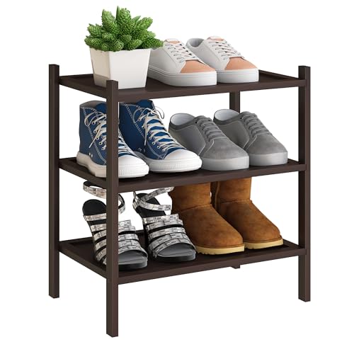 BMOSU 3-Tier Bamboo Small Shoe Rack Premium Stackable Shoe Shelf Storage Organizer for Hallway Closet Living Room Entryway Organizer(Brown) - color: Brown, size: Small-3-Tier（17*11*18.3inches）