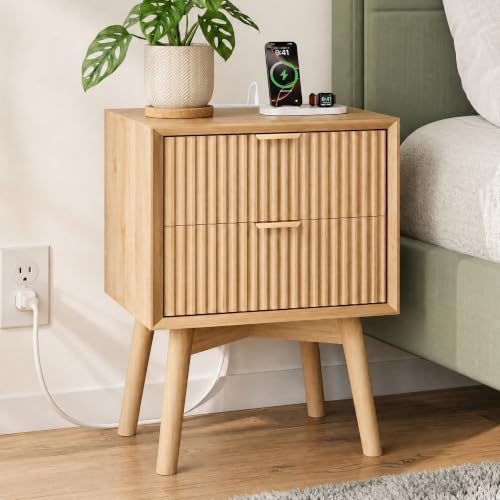 Fluted Nightstand with Charging Station, Beveled Edges & Solid Wood Legs, 2 Drawer Night Stand w/Metal Handle, FSC-Certified Wood, 18" Modern Bedside Table End Table for Bedroom,Natural Oak - color: Natural Oak - Beveled Drawer, size: 18"W