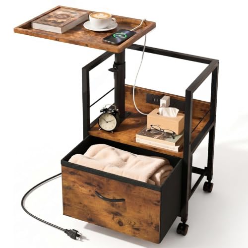 Faesun Swivel Lift Top Nightstand with Charging Station, Rolling Night Stand with Fabric Drawer, Adjustable Bedside Table for Bedroom, Living Room, Brown, Pro - color: 01 - Brown (Tray Top), size: 1 Drawer