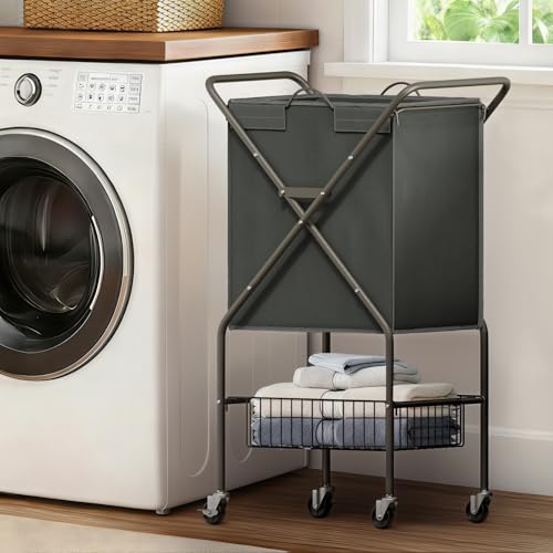 Laundry Basket with Wheels:88L Rolling Laundry Cart Foldable Metal Frame Dirty Clothes Laundry Hamper 36"H 4 Caster 2 Brake Waterproof Removable Liner Carry Handle for Dorm Laundry Room,Gray - color: Gray