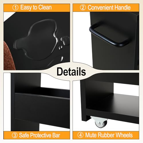 MARTY Slim Rolling Storage Cart 7.9" W Laundry Cart with Wheels,Wood, Black | Narrow Utility Cart Between Washer and Dryer, 3 Tier Mobile Shelving Unit for Kitchen, Laundry, Bathroom, Office, Living Room - color: Black