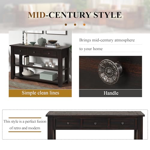 LKTART 48.8" Solid Wood Console Table for Entryway;Sofa Table with Storage | Distressed Black Real Wood Farmhouse Console Table with Drawers;Entry Way Table for Living Room,Foyer,Hallway;Easy Assembled - color: Black Espresso