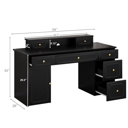Catrimown Black Desk with 7 Drawers, 54 Inch Computer Desk with Cabinet for Work Writing Study, Vanity Desk with Golden Handle for Girls, Bedroom - color: Black