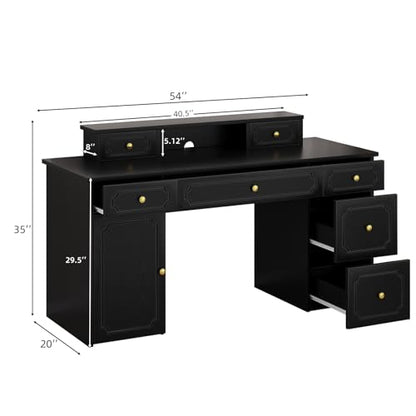 Catrimown Black Desk with 7 Drawers, 54 Inch Computer Desk with Cabinet for Work Writing Study, Vanity Desk with Golden Handle for Girls, Bedroom - color: Black