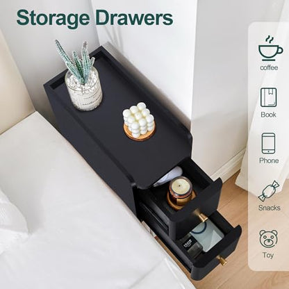 Narrow Nightstand Set of 2, Wooden Small 2 Drawer Nightstand, Slim Side End Table, Skinny Bedside Table, Mid Century Modern Night Stand with Drawers for Bedroom (Black-2 pcs) - color: Black-2 Pcs