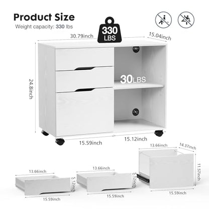 DUMOS File Cabinet with 3 Drawers, Wood Under Desk Storage Printer Stand | Rolling Lateral Filing Cabinet with Adjustable Shelves for Home Office Study Organizatiom, Classic White - color: Classic White