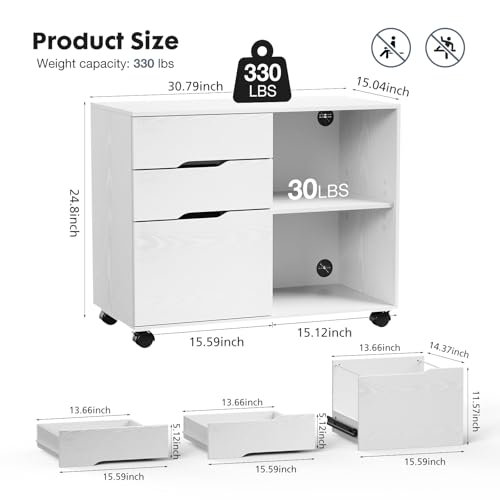 DUMOS File Cabinet with 3 Drawers, Wood Under Desk Storage Printer Stand | Rolling Lateral Filing Cabinet with Adjustable Shelves for Home Office Study Organizatiom, Classic White - color: Classic White