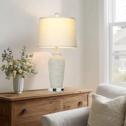 CINSARY 25" Retro White Farmhouse Jar Table Lamps Set of 2, 3 Way Touch Control Rustic Bedside Lamps with USB A+C Ports & AC Outlet, Pot Nightstand Lamps for Bedroom Living Room (LED Bulbs Included) - color: Retro White