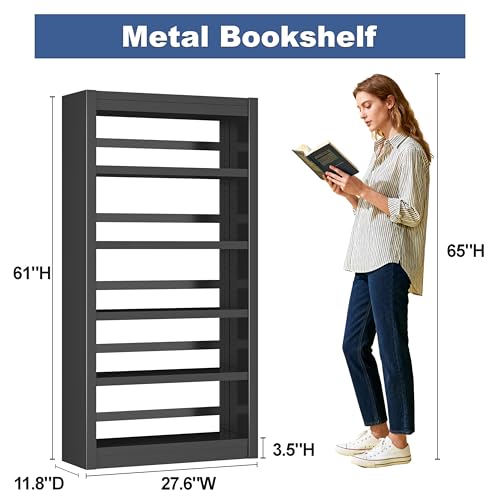 61" 5-Tier Metal Bookshelf,4 Adjustable Shelves,Large Capacity(Black) | 200LB Capacity,No Screws Easy Assemble,Sturdy,Steel,Modern for Living Room - color: Black, size: 61"Hx27.5"Wx11.8"D