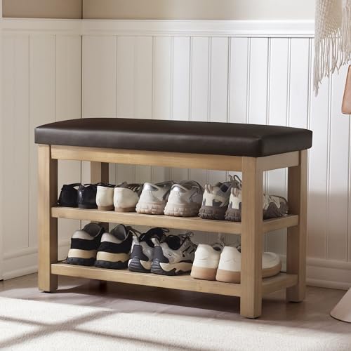 Zihanhome Shoe Rack Bench with Leather Cushion, 2 Tier Solid Wood Storage Bench, Mid-Century Modern Shoe Bench for Entryway, Hallway, Closet, Front Door Entrance, Foyer (Dark Brown, 31.5) - color: Dark Brown, size: 31.5"