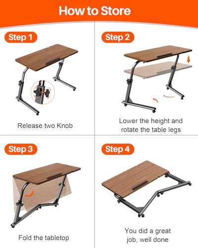 TV Tray Table, Mobile TV Dinner Trays for Eating on Couch, Folding Side Desk with Wheels, Tilt & Height Adjustable Snack Table Laptop Desk for Sofa Living Room Bedroom & Office (Brown) - color: Brown
