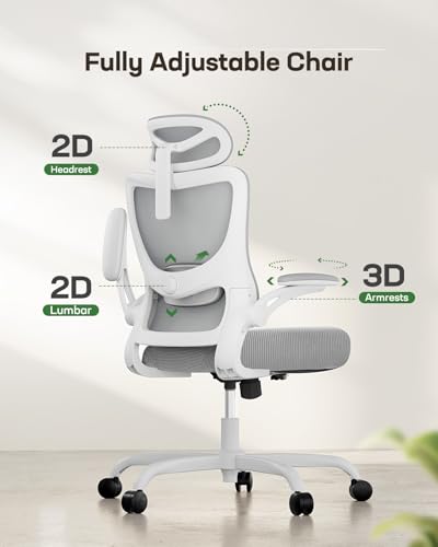 Marsail Ergonomic Office Chair: Office Computer Desk Chair with High Back Mesh and Adjustable Lumbar Support Rolling Work Swivel Task Chairs with Wheel 3D Armrests and Headrest - color: Grey
