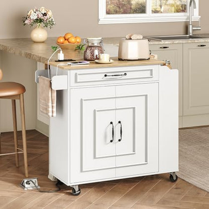 RALGEND Kitchen Island with Power Outlets & Drop Leaf, Rolling Kitchen Cart on Wheels, Kitchen Storage Island with Spice Rack and Drawer, Mobile Island Table for Kitchen, Dinning, White and Natural - color: White + Natural