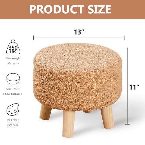 Wimarsbon Storage Ottoman, Modern Round Footrest with Soft Padded Seat, Teddy Velvet Footstool with Wood Legs, Accent Small Table or Plant Stand for Hallway, Living Room (Champagne) - color: Champagne