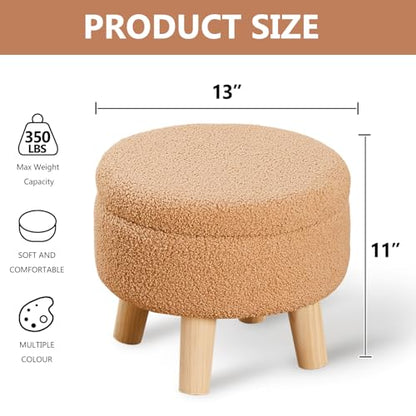Wimarsbon Storage Ottoman, Modern Round Footrest with Soft Padded Seat, Teddy Velvet Footstool with Wood Legs, Accent Small Table or Plant Stand for Hallway, Living Room (Champagne) - color: Champagne