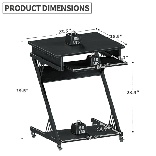 ALISENED Computer Desk for Small Spaces,23.6" Z-Shaped Compact Study Table with Smooth Keyboard Tray,with Wheels and Bottom Shelves for Home Office，Computer Cart Mobile Laptop Cart - color: Black