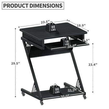 ALISENED Computer Desk for Small Spaces,23.6" Z-Shaped Compact Study Table with Smooth Keyboard Tray,with Wheels and Bottom Shelves for Home Office，Computer Cart Mobile Laptop Cart - color: Black