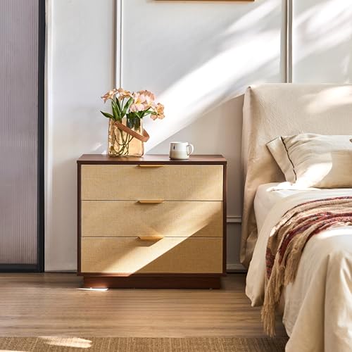 Saint Mossi Modern Nightstand with 3 Drawers, Large Rattan Night Stand, Natural Wood Bedside Table Storage Cabinet, Sofa End Tables Dresser for Living Room, Hallway, Closet, D27xW16xH23 - size: 1 Set 3 Drawer
