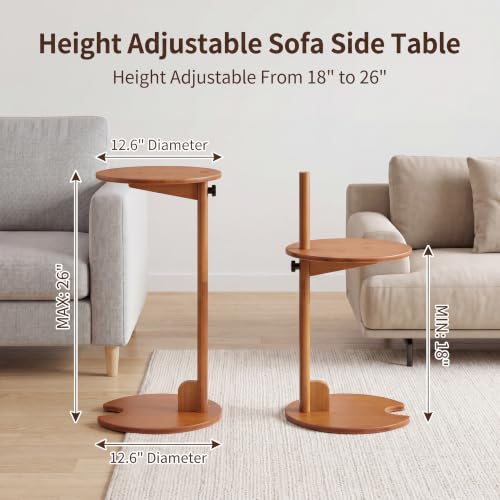 Bamboo Side Table for Sofa - Adjustable Height C Shaped End Tables for Small Spaces, Couch, Bedside, Living Room, 12.6x12.6x26 Inch TV Tray Round Stand for Drink, Snack, Coffee (Walnut) - color: Walnut Brown