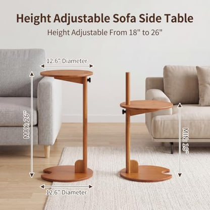 Bamboo Side Table for Sofa - Adjustable Height C Shaped End Tables for Small Spaces, Couch, Bedside, Living Room, 12.6x12.6x26 Inch TV Tray Round Stand for Drink, Snack, Coffee (Walnut) - color: Walnut Brown
