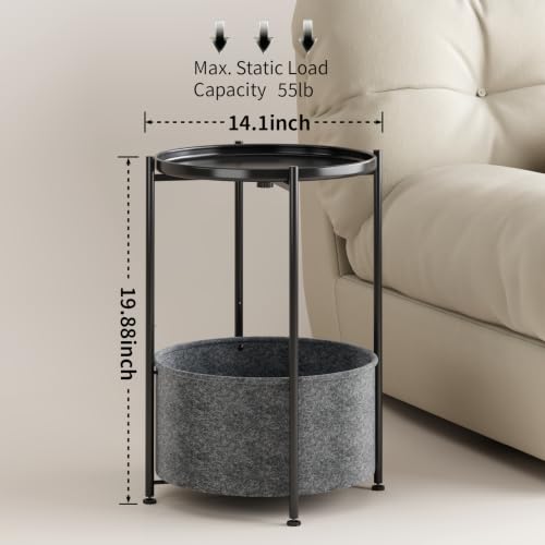 Small Round Side Table with Felt Storage Basket and Removable Tray | Accent Table, Metal End Table with Adjustable Feet, Side Table for Nursery, Bedroom, Living Room, Laundry Room, Black - color: Black